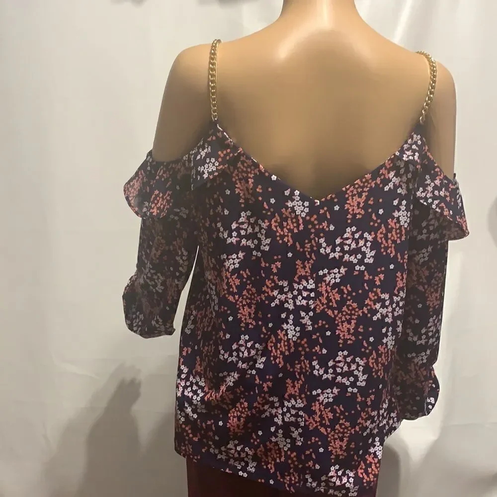 Michael Kors Medium Gold Chain Straps With Cut Out Sleeve V Neck Floral Pattern